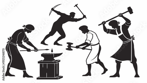 Blacksmith Team Forging Metal with Hammers on Anvil for Industry Craftsmanship and Hard Work Illustration