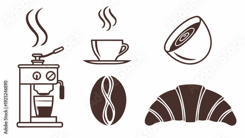 Espresso Machine Coffee Bean Croissant Icons for Cafe Menu Design Breakfast Promotion Web Graphics