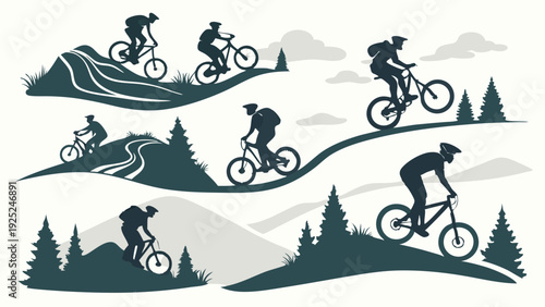 Mountain Biking Silhouettes Action Set Extreme Sports Trail Riding Adventure for Outdoor Adventure Web Design and Sports Apparel Promotion