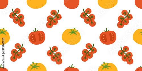 Seamless Pattern of red and yellow tomatoes. Healthy vegetables vector texture. Vegan, farm, organic, detox. Hand drawn illustration in trendy simple style