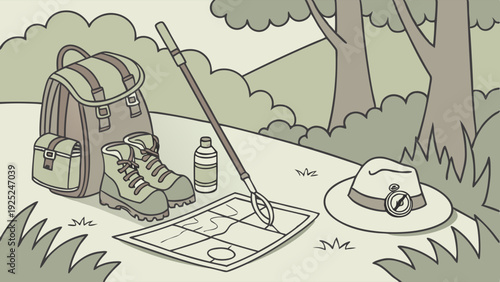 Hiking Gear Map Compass Backpack Boots for Wilderness Adventure Planning Outdoor Travel Exploration Journey