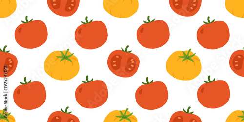Seamless Pattern of red and yellow tomatoes. Healthy vegetables vector texture. Vegan, farm, organic, detox. Hand drawn illustration in trendy simple style