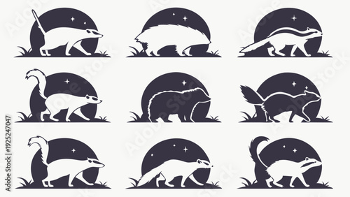 Diverse Badger Silhouettes Set Night Wildlife Icons for Nature Education Zoo Branding Animal Design Projects
