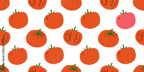 Seamless Pattern of red and yellow tomatoes. Healthy vegetables vector texture. Vegan, farm, organic, detox. Hand drawn illustration in trendy simple style