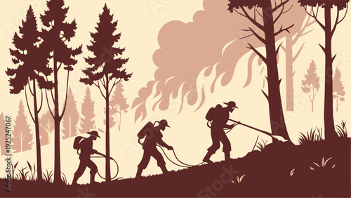 Wildfire Fighting Silhouette of Firefighters Battling Intense Forest Blaze for Environmental Safety and Emergency Response Campaigns