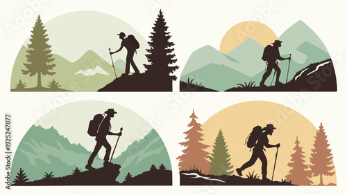 Four Silhouettes of Hikers Trekking Mountains Forests Adventure Travel for Outdoor Recreation Web Design Banners
