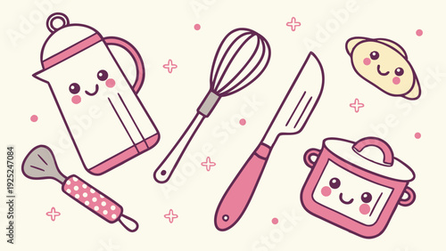 Kawaii Kitchen Utensils Whisk Pot Spatula Cute Cooking Tools for Bakery Cafe Web Design
