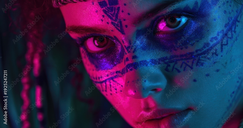 Fototapeta premium Woman with face art under neon lights portrait in studio setting