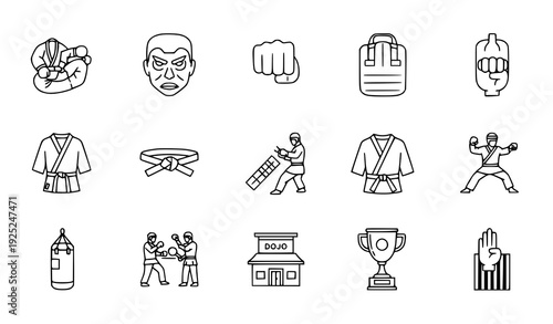 Self Defense and Martial Arts Line Icons Editable Stroke Vector Set