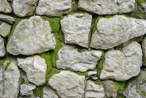 Close up of weathered stone wall with green moss growing in cracks, showing rough texture and natural aging of stones in outdoor setting