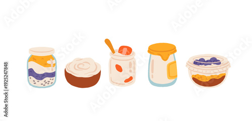 Dairy products set. Milk, kefir and yogurt in cardboard packaging containers, glass bottle. Different cheese, butter and cream. Organic farm healthy food. Vector cartoon flat isolated illustration