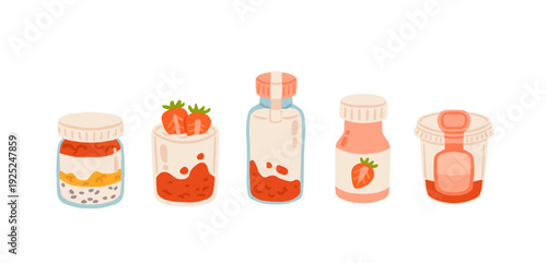 Yogurt set. Dairy products in packs, fruit yoghurt drink in bottle, protein snack with crunchy flakes in cup box. Breakfast food, eating, dessert. Flat vector illustration isolated on white background