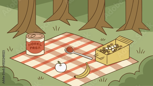 Picnic Spread with Cereal Can Fruit on Plaid Blanket in Sunny Forest for Outdoor Family Food Advertising