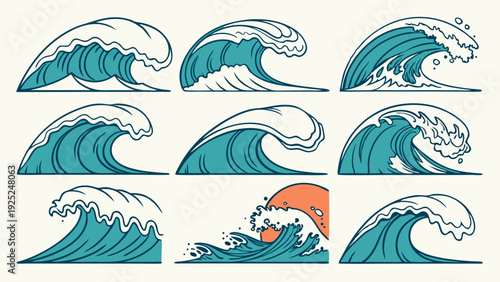 Dynamic Ocean Wave Set Vector Illustrations for Surfing Design Travel Posters Summer Branding and Coastal Web Graphics