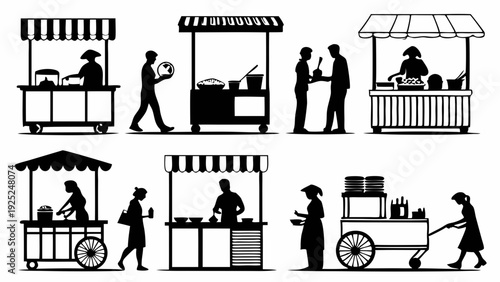 Street Food Vendors Selling Snacks and Meals from Carts and Stalls for Outdoor Urban Customers and Local Commerce