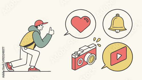 Vlogger Directing Camera for Social Media Content Creation Capturing Likes Video Views and Notifications for Audience Growth