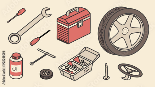 Automotive Repair Tools and Car Wheel Isometric Illustration for Garage Service Manuals and DIY Maintenance Websites
