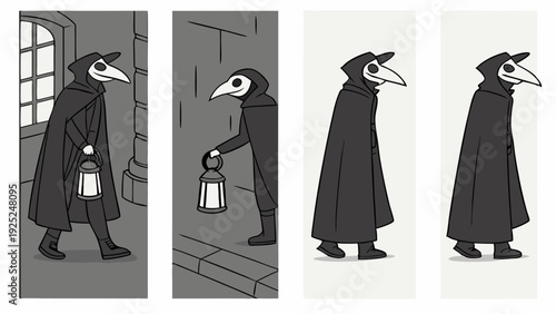 Plague Doctor in Black Cloak Walking with Lantern Through Dark City Streets for Historical Horror Design
