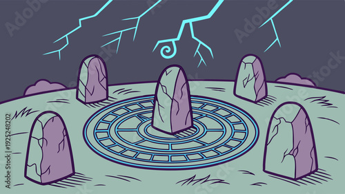 Mystical Stone Circle Ritual Site Under Electric Storm Sky for Fantasy Game Design or Ancient Lore Website Background
