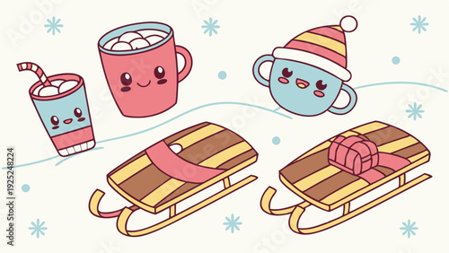 Cute Kawaii Winter Season Icons for Holiday Greeting Cards Cozy Hot Chocolate Sledding Fun Background Design