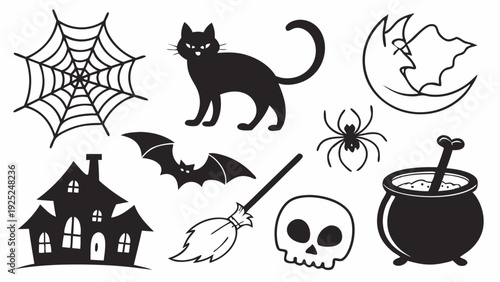 Spooky Halloween Icons Set Black Cat Spider Web Haunted House Bat Potion for Holiday Design Projects