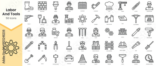 Simple Outline Set of labor and tools icons. Linear style icons pack. Vector illustration