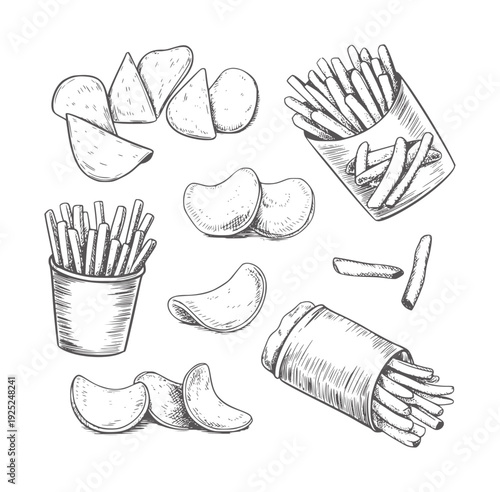 Black and white hand drawn of potato chips and french fries