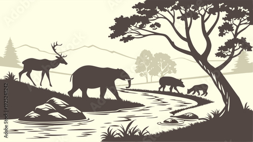 Wildlife Migration Silhouette Crossing Stream for Nature Documentary Design Eco Tourism Brochure Background Calm Serene Landscape