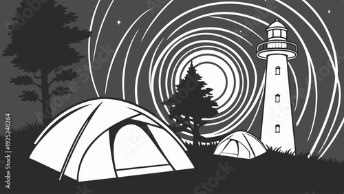 Night Camping Adventure by Mysterious Lighthouse with Swirling Light Beams for Travel Web Design or Eerie Story Illustration
