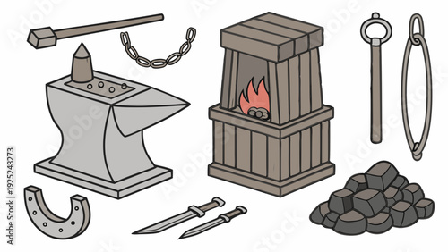 Blacksmith Forge Tools Anvil Hammer Coal for Metalworking Craftsmanship Website Design or Game Asset Illustration