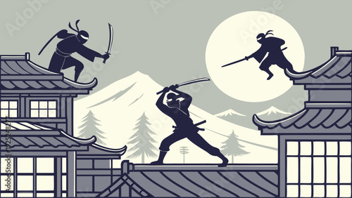 Silhouette Ninjas Fighting with Swords on Rooftops Under Full Moon for Action Game Design or Historical Thriller Promotion