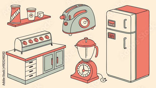 Retro Kitchen Appliances Illustration for Cafe Menu Design Vintage Diner Web Graphics and Nostalgic Food Blog Content