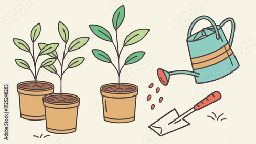 Gardening Illustration for Spring Growth Projects Planting Seedlings with Watering Can and Trowel for Eco Lifestyle Websites