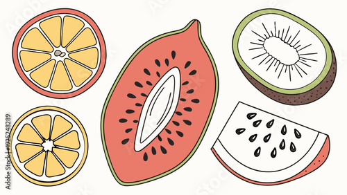 Vibrant Sliced Tropical Fruits Illustration for Healthy Summer Food Packaging Web Design Menu Graphics