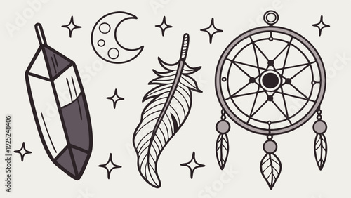 Mystical Boho Witchcraft Elements Crystal Feather Dreamcatcher for Spiritual Branding Occult Design Projects