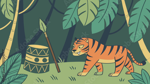 Jungle Adventure with Tiger Spear and Drum for Children's Book Illustration or Travel Web Design Background