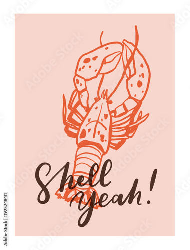 Vector illustration of mediterranean seafood in dolce vita style, sardines, shrimps, oysters, lobster, lemon, canned fish, plate, herbs, blue line art on beige background