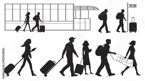 Travelers Arriving Airport Silhouette Group Walking with Luggage for Vacation or Business Trip Departure Illustration
