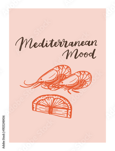 Vector illustration of mediterranean seafood in dolce vita style, sardines, shrimps, oysters, lobster, lemon, canned fish, plate, herbs, blue line art on beige background