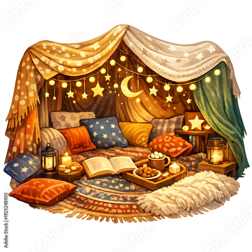 cozy blanket fort with treats, cute indoor camping illustration, fairy lights glowing softly, pillows and cushions pile, snacks and sweets inside fort, warm hygge aesthetic, adorable homebody vibe, pa