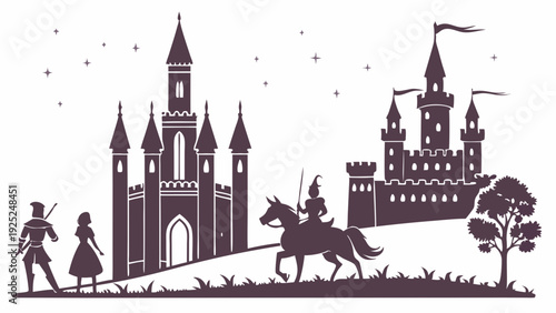Fairytale Silhouette of Knight on Horse Approaching Royal Castle for Fantasy Storybook Design or Medieval Event Promotion