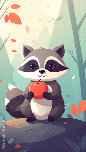 Raccoon's Autumn Delight: A charming raccoon holds a vibrant red apple amid a scenic autumn landscape, showcasing a whimsical blend of nature and warmth.