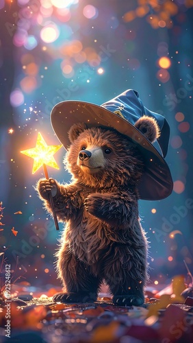 Whimsical Bear Wizard: A charming bear, donned in a wizard's hat, conjures magic with a glowing star-shaped wand amidst a fantastical, fairy-tale forest.
