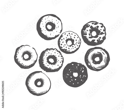 Black and white ink of seven assorted donuts food sweet dessert