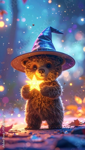 Enchanted Bear's Whimsy: A captivating image of a teddy bear adorned with a wizard hat, cradling a luminous star, invites viewers into a realm of fantasy and wonder.