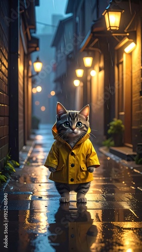 Rainy Alley Cat: A charming cat, sheltered in a yellow raincoat, stands amidst the atmospheric glow of streetlights and cobblestone paths on a rainy day.