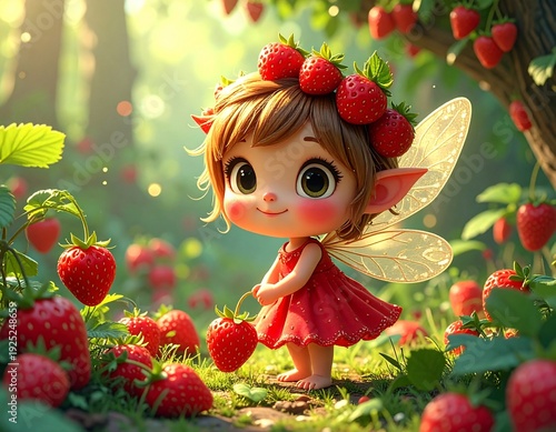 Whimsical Strawberry Fairy: A delightful fairy, adorned with a crown of vibrant strawberries, tenderly holds a freshly picked berry, amidst a lush strawberry patch in an enchanted forest.