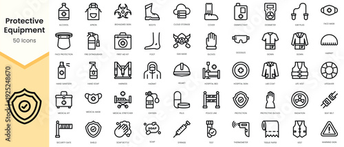 Simple Outline Set of protective equipment icons. Linear style icons pack. Vector illustration