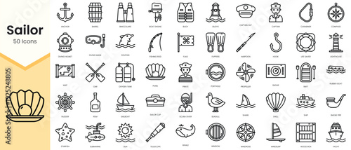 Simple Outline Set of sailor icons. Linear style icons pack. Vector illustration