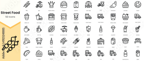 Simple Outline Set of street food icons. Linear style icons pack. Vector illustration
